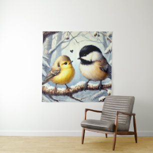Tenture Oiseaux Amoureux dans un Décor d'Hiver Gelé