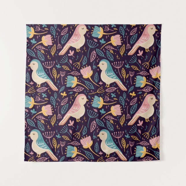 Tenture Oiseaux bleus et roses avec fleurs et feuilles sur (Devant)
