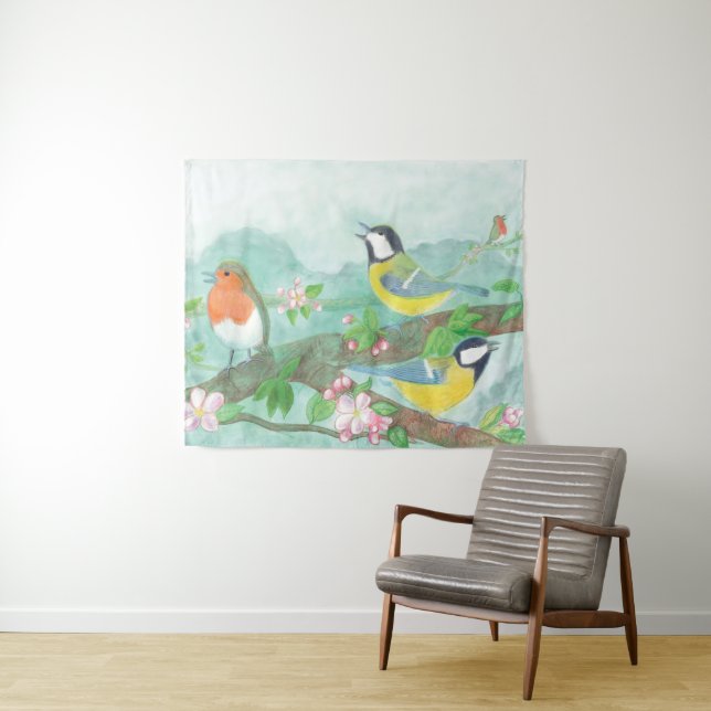 Tenture Oiseaux chantant sur une branche d'arbre en fleurs (En situation (horizontale))