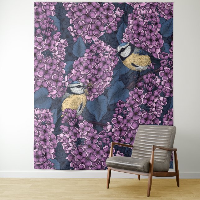 Tenture Oiseaux dans le jardin violet lilas (En situation)