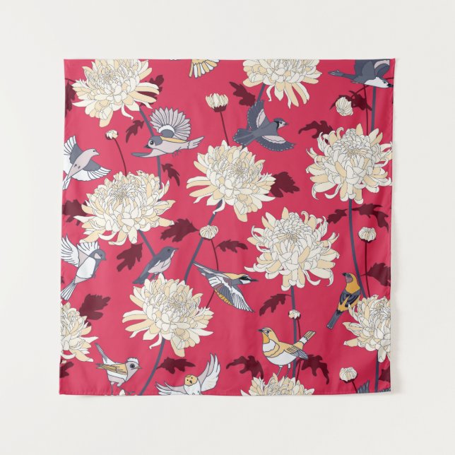 Tenture Oiseaux et chrysanthèmes : Floral Vintage (Devant)