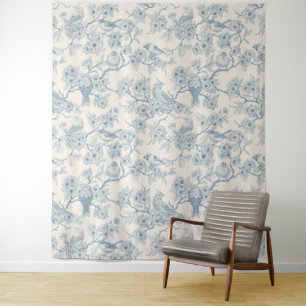Tenture Oiseaux et fleurs de cerisier en bleu et blanc cas