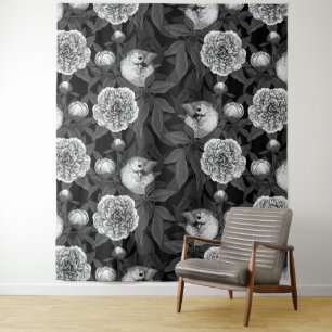 Tenture Oiseaux et fleurs de pivoines monochromes, gris