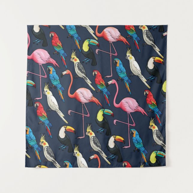 Tenture Oiseaux exotiques colorés Motif foncé (Devant)