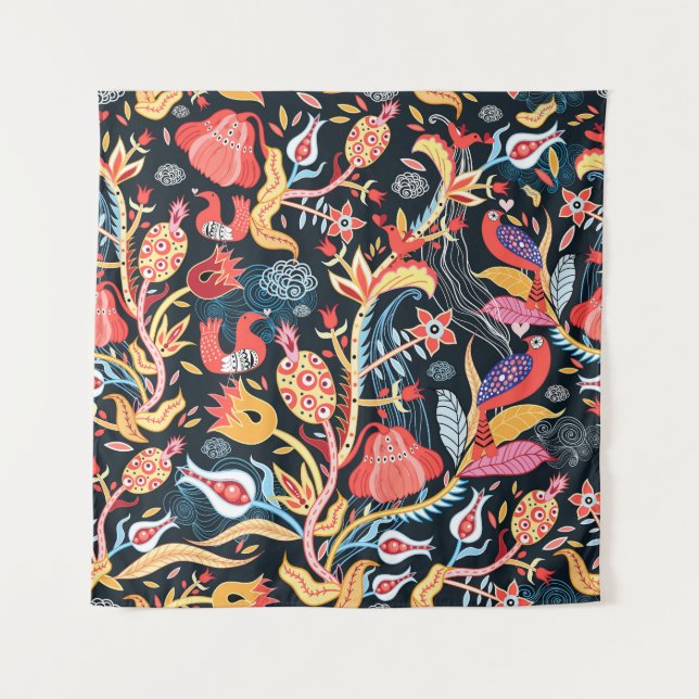 Tenture Oiseaux floraux foncés : Motif ornemental. (Devant)