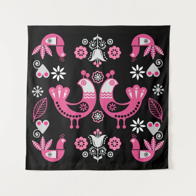 Tenture Oiseaux roses et blancs du folklore scandinave (Devant)