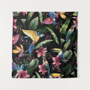 Tenture Oiseaux tropicaux, fleurs : motif d'aquarelle.