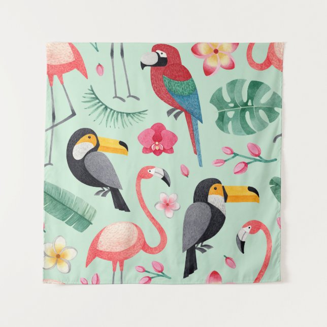 Tenture Oiseaux tropicaux, fleurs, motif d'aquarelle. (Devant)