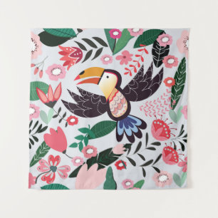 Tenture Oiseaux tropicaux, motif de gribouillis à fleurs.