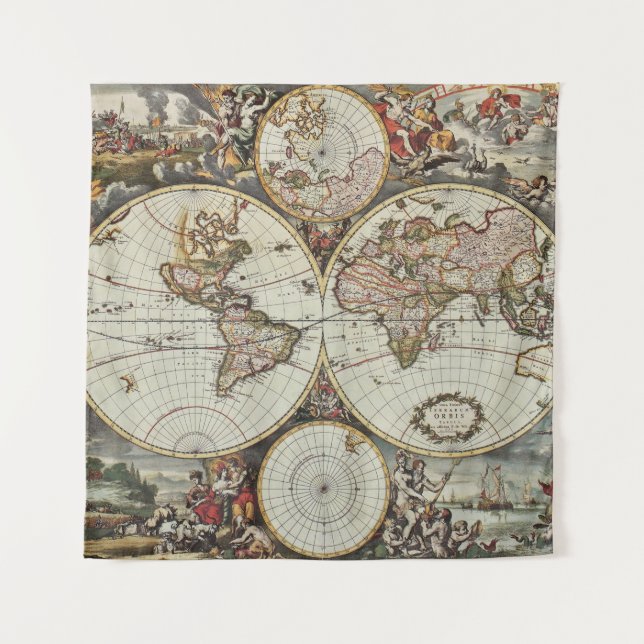 Tenture Old map of world hemispheres. Created by Frederick (Devant)