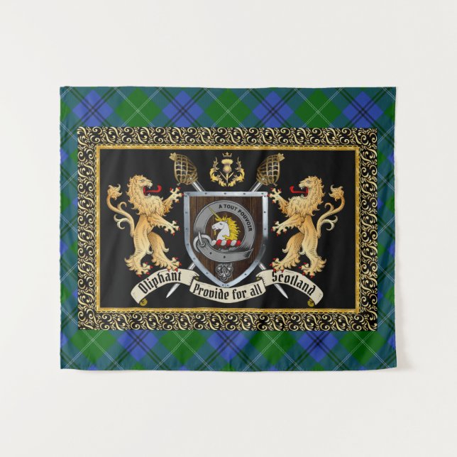Tenture Oliphant Clan Badge & Motto avec Lions (Devant (Horizontal))