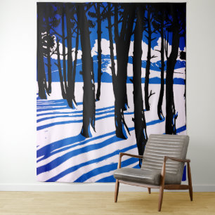 Tenture Ombres de forêt hivernale – Nature minimale bleue