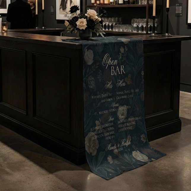 Tenture Open Bar and Signature Drink Black Floral Wedding  (Give your open bar and added touch of elegance with this Open Bar Tapestry!)
