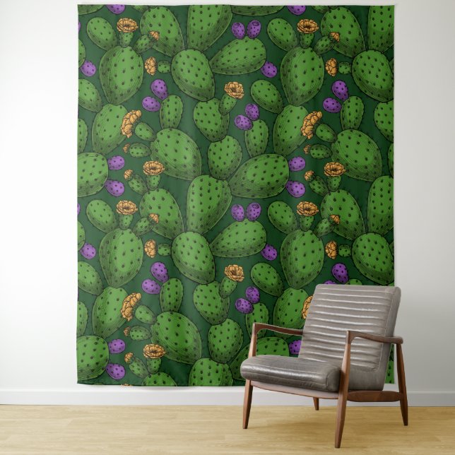 Tenture Opuntie de floraison sur vert foncé (En situation)