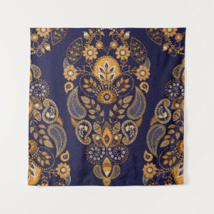 Tenture Or et bleu, motif sans couture fleurie.