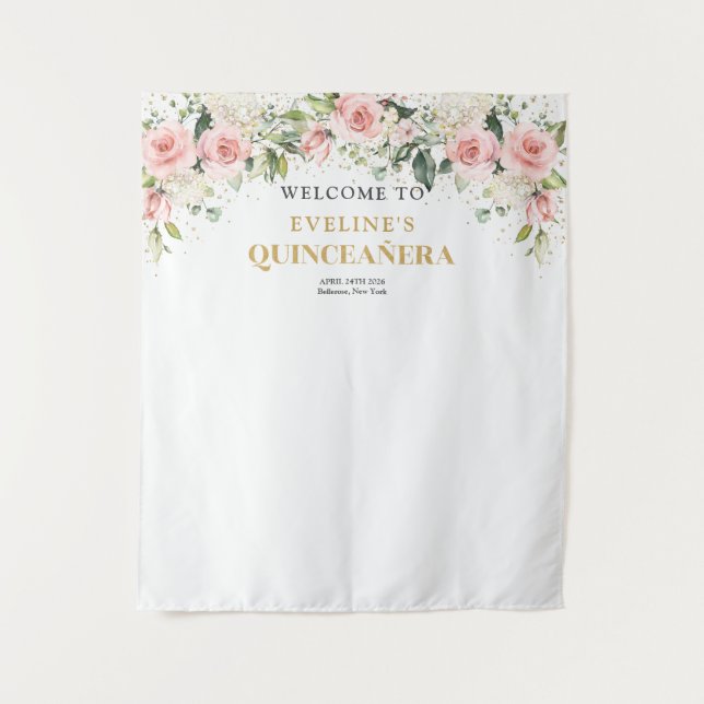Tenture Or floral rose clair Boho moderne Quinceanera (Devant)