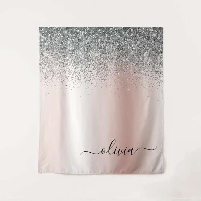 Tenture Or rose - Paillettes rose blush argent Monogramme (Devant)
