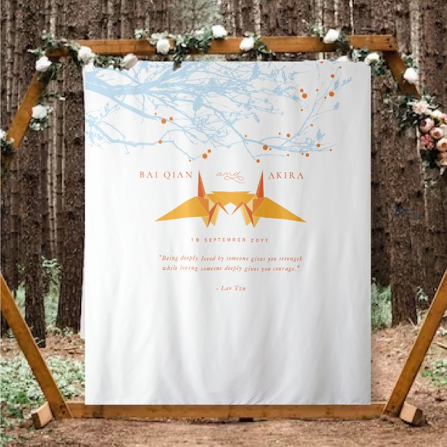 Tenture Orange Origami Papier Grues Mariage Photo fond (Orange Origami Paper Cranes & Branches Asian Wedding Photo Backdrop Tapestry @ fatfatin_red_knot)