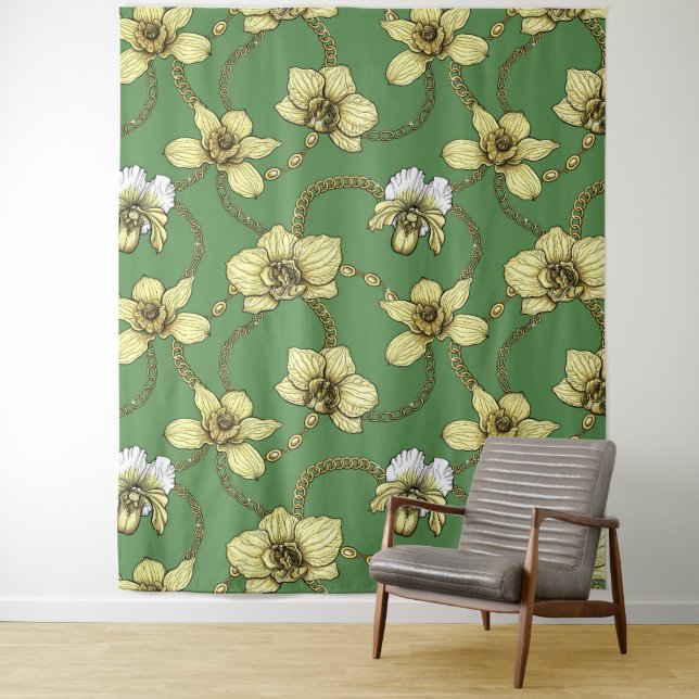 Tenture Orchidées et chaînes, jaune et vert kelly (En situation)