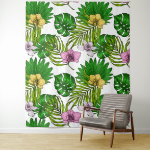 Tenture Orchidées et feuilles de palmiers, rose, jaune, ve