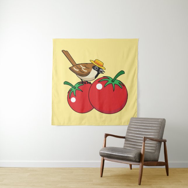 Tenture Organic lover Sparrow Eating Red Tomato (En situation)