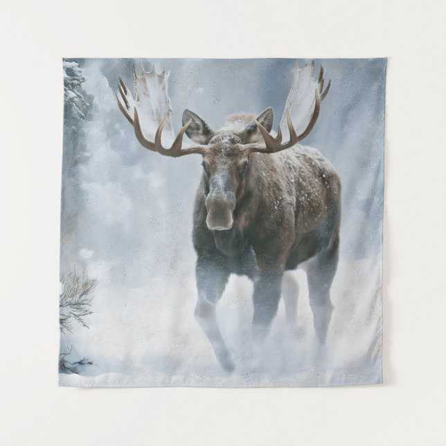 Tenture Orignal mâle marchant dans la neige boréale (Devant)
