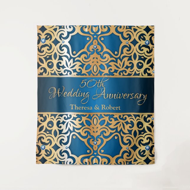 Tenture Orné Vintage Or et Bleu Anniversaire de Mariage Bi (Devant)