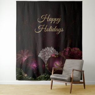 Tenture Ornement Rose de Fête de Noël Feuilles Vertes Noir