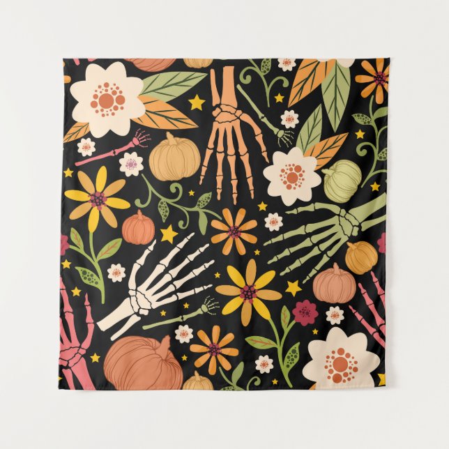 Tenture Os d'Halloween, motif floral sans couture. (Devant)