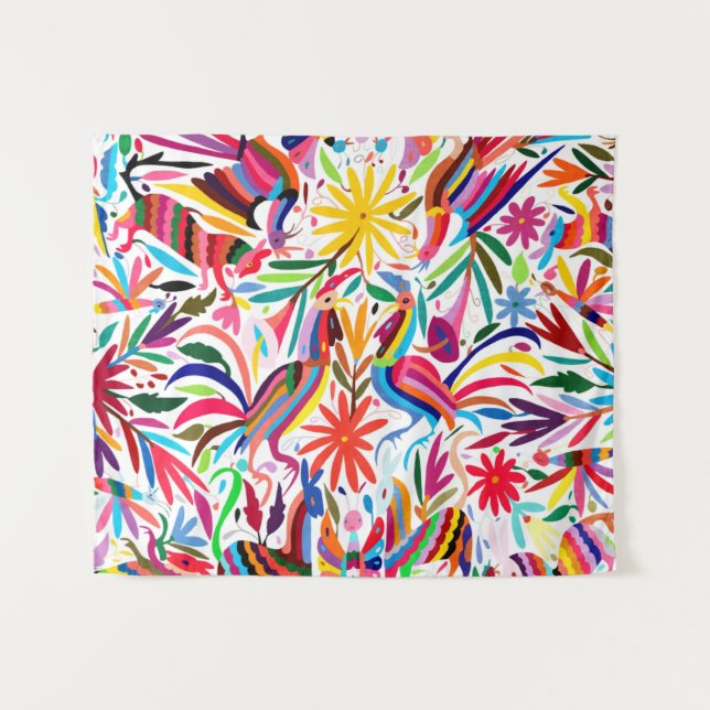 Tenture Otomi coloré Imprimer, Motif floral/animal (Devant (Horizontal))