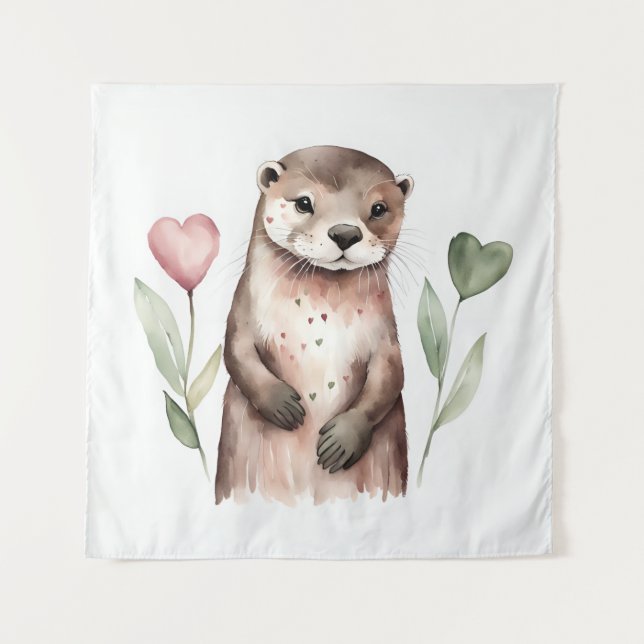 Tenture Otter adorable avec Plantes de coeur (Devant)