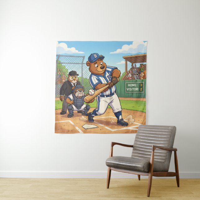 Tenture Ours de dessin animé jouant au baseball (En situation)