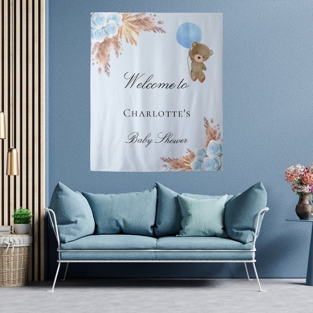 Tenture Ours en peluche pour baby shower garçon bleu herbe (Créateur téléchargé)