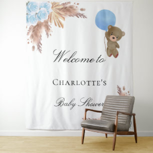Tenture Ours en peluche pour baby shower herbe de pampa bl