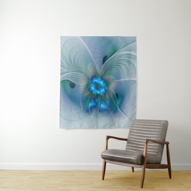 Tenture Ovations debout, Fractale abstraite bleu turquoise (En situation)