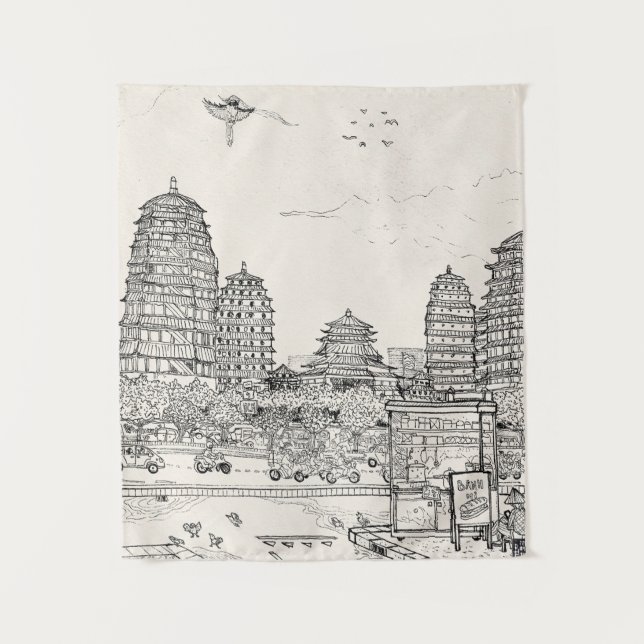 Tenture Pagode de Saïgon Viêt-Nam Tirage d'encre de stylo (Devant)