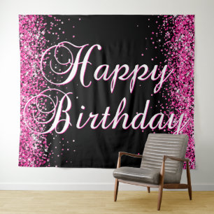 Tenture Pailleté rose chaud Joyeux Anniversaire calligraph