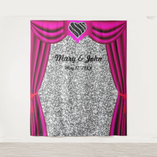Tenture Paillettes Argent Cœur Noir & Blanc Rideau Rose