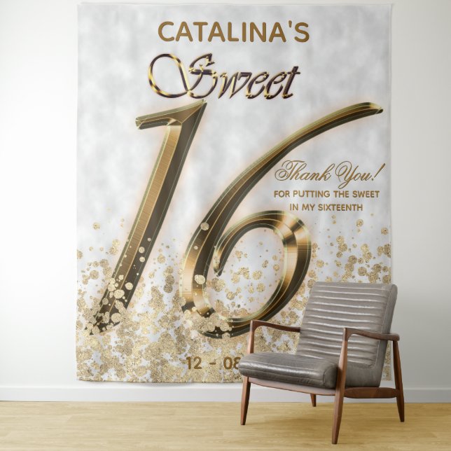 Tenture Paillettes de feuille d'or Sweet Sixteen (En situation)