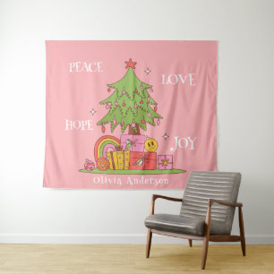 Tenture Paix, amour et joie - Arbre de Noël rétro en rose