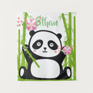 Tenture Panda heureux avec bambou et fleurs de cerisiers