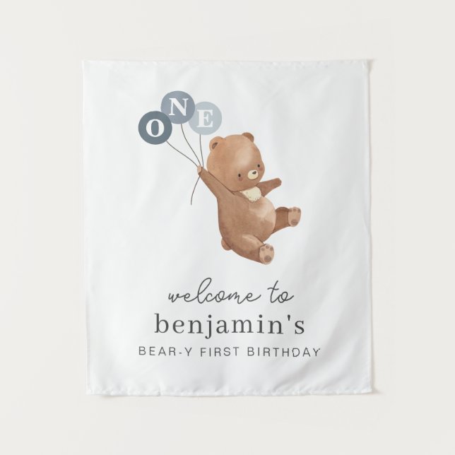 Tenture Panneau de bienvenue avec un ours et 3 ballons ble (Devant)