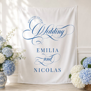 Tenture Panneau de bienvenue de mariage de luxe bleu et bl