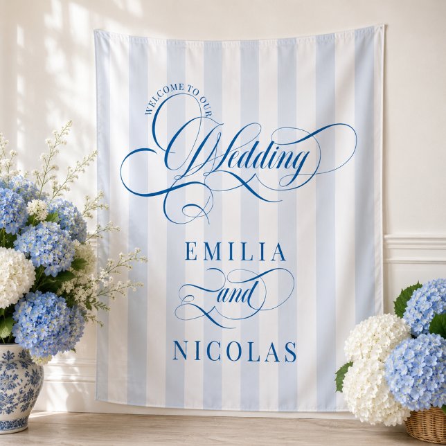 Tenture Panneau de bienvenue de mariage de luxe bleu et bl (Créateur téléchargé)