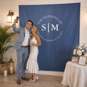 Tenture Panneau de Bienvenue de Mariage Monogramme Bleu Fo