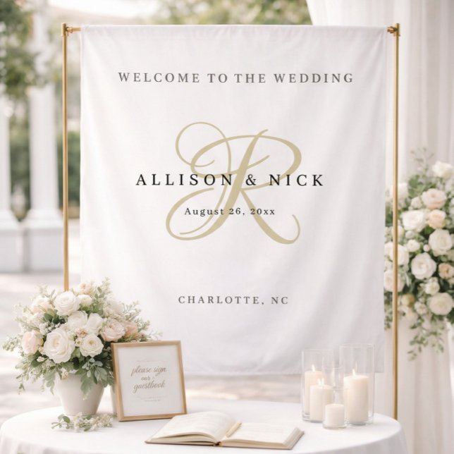 Tenture Panneau de bienvenue de mariage simple monogramme  (Créateur téléchargé)