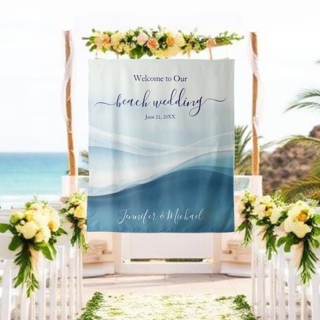 Tenture Panneau de bienvenue de mariage sur la plage Sérén (Serene Blue Beach Wedding Welcome Sign Tapestry)