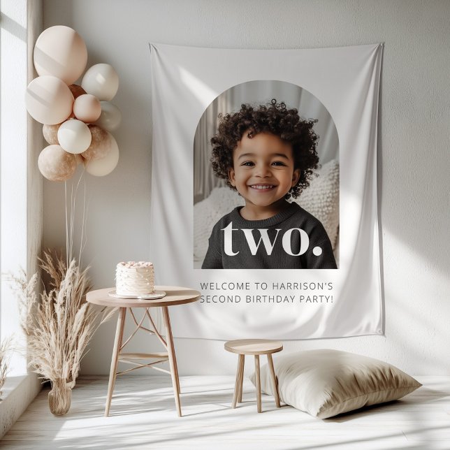 Tenture Panneau de bienvenue pour 2e anniversaire avec pho (Zazzle 2nd Birthday Two Arched Photo Welcome Sign Tapestry)