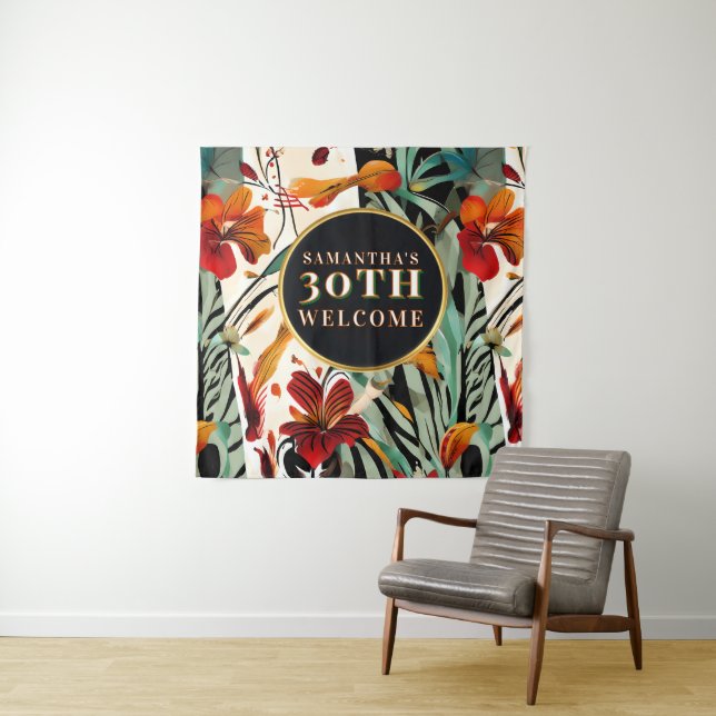 Tenture Panneau de bienvenue pour 30 ans Boho Fleur carré (En situation)