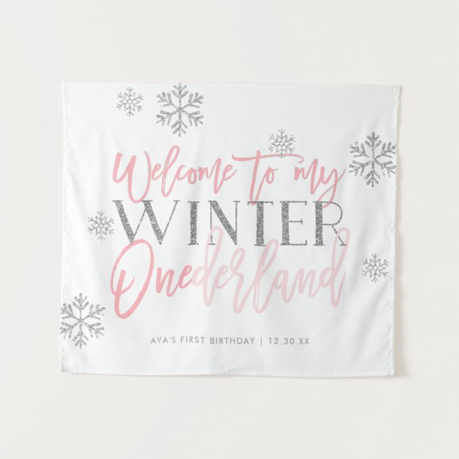 Tenture Panneau de bienvenue rose en glitter argent ONEder (Devant (Horizontal))